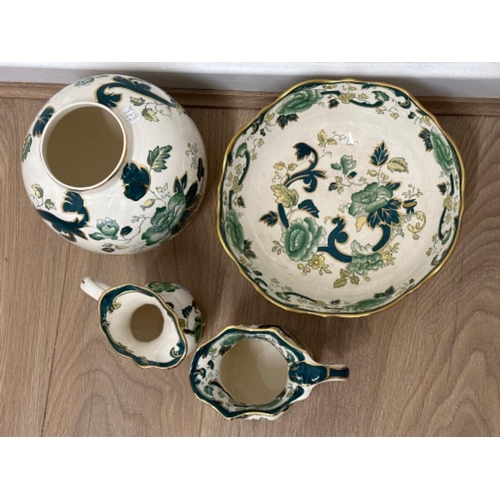 222 - Total of four pieces of Masons Ironstone “Chartreuse pattern” includes two jugs, large bowl & vase