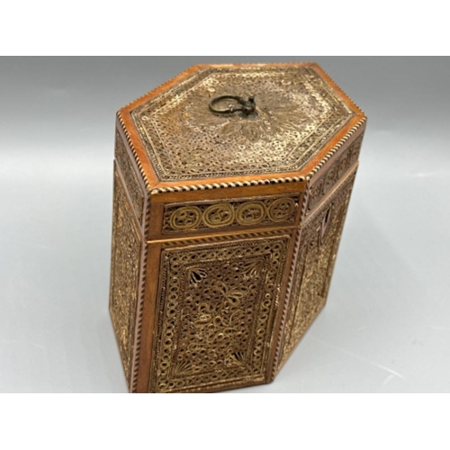 225 - Antique hand made rolled paper & wooden tea caddy - 12x18cm