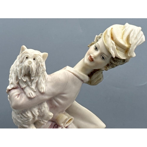 228 - Unique Bruno Merli Capodimonte figurine “elegant lady with dog” on wooden base, in good condition