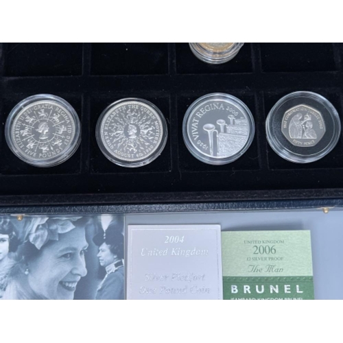 90 - UK Royal Mint silver proof coins in case including 50p 2003 Coronation coin, £2 Invention Industry a... 