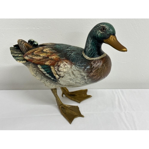 205 - Brass accented hand painted Mallard Duck figurine statue, Italy 1980’s Malevolti Italy - 31x12.5, he... 