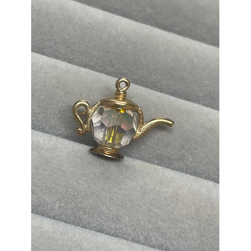 8 - 9ct Yellow Gold Fully Hallmarked Crystal Teapot Charm Weighing 2.67 grams