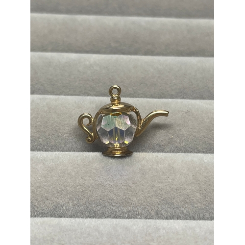 8 - 9ct Yellow Gold Fully Hallmarked Crystal Teapot Charm Weighing 2.67 grams