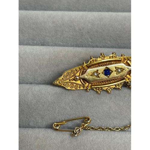 23 - Antique 9ct Yellow Gold Blue Stone & Seed Pearl Brooch Weighing 2.94 grams Measuring 4 cm in length