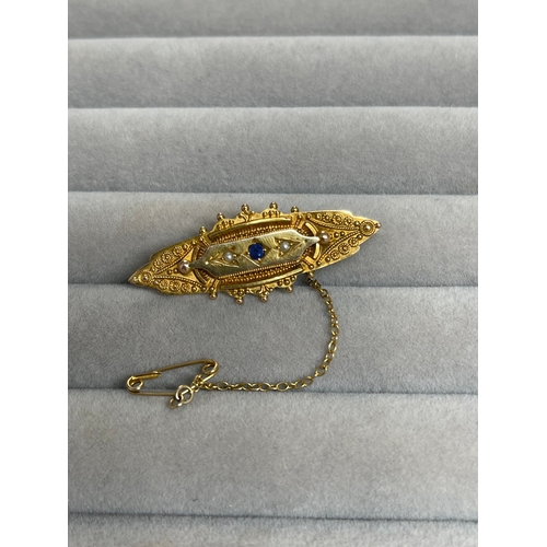 23 - Antique 9ct Yellow Gold Blue Stone & Seed Pearl Brooch Weighing 2.94 grams Measuring 4 cm in length