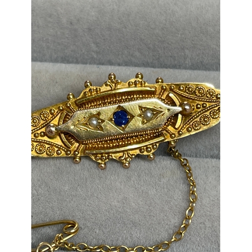 23 - Antique 9ct Yellow Gold Blue Stone & Seed Pearl Brooch Weighing 2.94 grams Measuring 4 cm in length