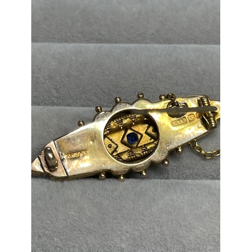 23 - Antique 9ct Yellow Gold Blue Stone & Seed Pearl Brooch Weighing 2.94 grams Measuring 4 cm in length