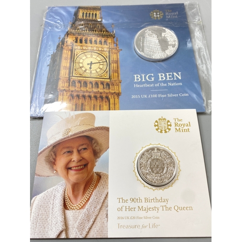 161 - £20 and £100 pure silver up coins in original Royal Mint packs