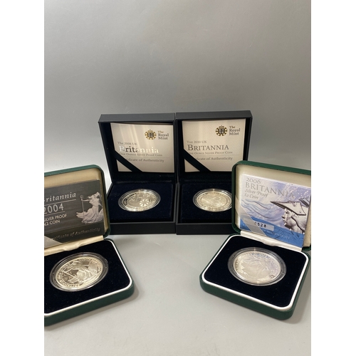 166 - Ku silver proof 1 ounce Britannia Coins  2004,2006,2008 and 2010 all in original cases with certific... 