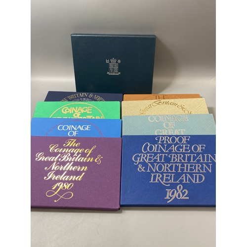 169 - 9x Royal mint proof sets to include 1972,74,79 and 80 all in original cases