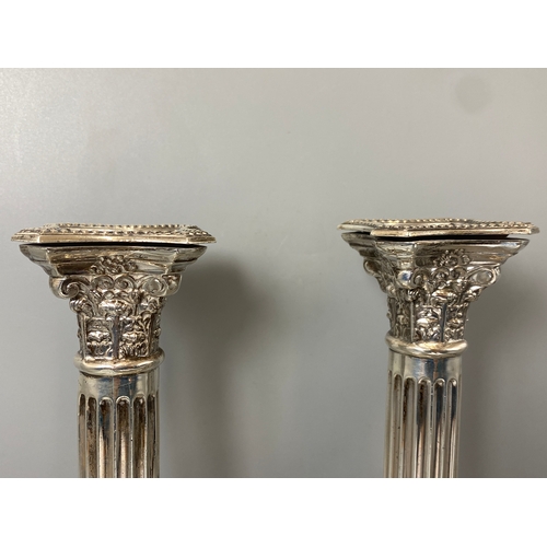 120 - Pair of vintage Corinthian column solid silver candlesticks excellent detail, good condition hallmar... 