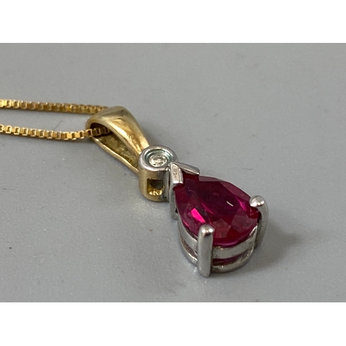 76 - 9ct gold diamond and pink stone pendant with 9ct gold chain, weight 1.73 Grams 48cm length