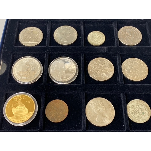 123 - 12 coins to include Gold plated titanic £5, 2 George VI silver coins and 90th Birthday £5