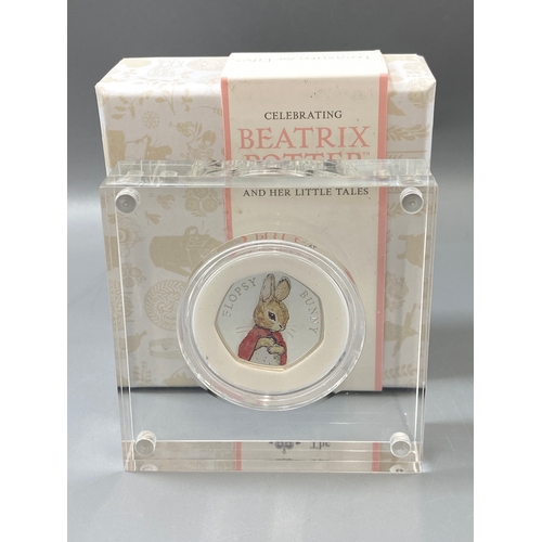 81 - Celebrating Beatrix Potter and her little tales Royal Mint 50p coin of Flopsy Bunny in protective ca... 