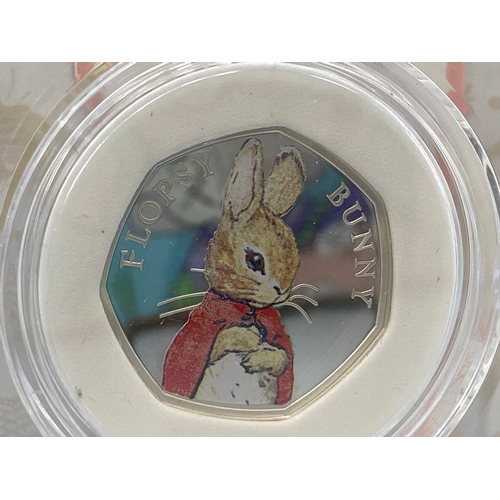 81 - Celebrating Beatrix Potter and her little tales Royal Mint 50p coin of Flopsy Bunny in protective ca... 