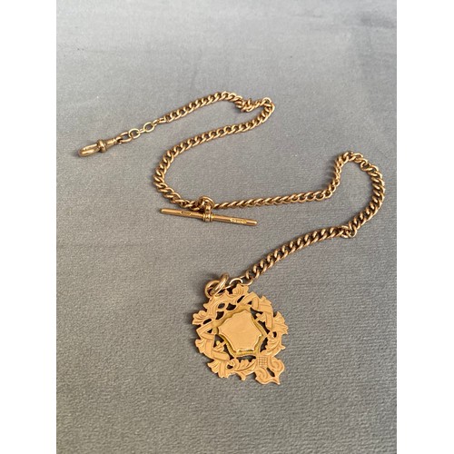 90 - Antique 9ct Rose Gold Fully Hallmarked Albert Chain with Shield Fob & T Bar - Weighing 29 grams Meas... 