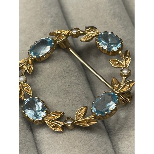 157 - 9ct Yellow Gold Aquamarine & Seed Pearl Brooch Weighing 3.95 grams