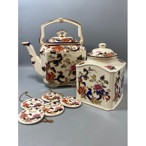 207 - Lot of Masons ironstone Manadalay peices to include alcohol tags, teapot and tea caddy all in good c... 