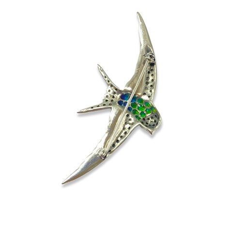 33 - Silver, Plique a Jour and marcasite bird brooch weighing 7.87 grams, measuring 3cm in length and 7cm... 