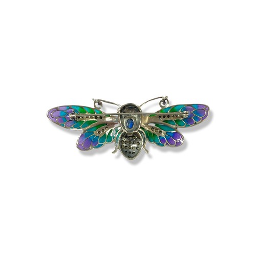 32 - Silver, Plique a Jour and marcasite Bee brooch weighing 10.28 grams, measuring 7.5cm in length and 3... 