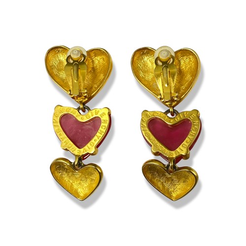 11 - Pair Of Givenchy Pink & Gold Heart Design Drop Earrings weighing 58.3 grams and measuring 7.5cm in l... 