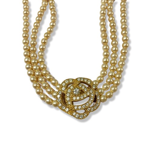 2 - Christian Dior three row pearl necklace with floral centre pendant which is embellished with CZ ston... 