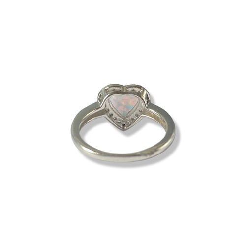 37 - Silver, opal and CZ love heart cluster ring weighing 2.26 grams size I 1/2