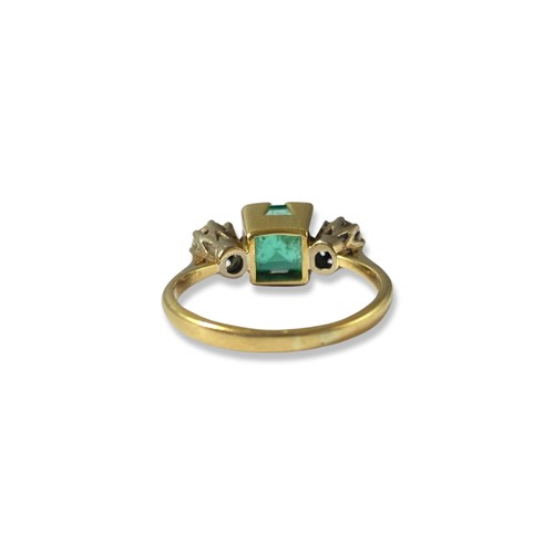 84 - 18ct Yellow and white gold emerald and diamond trilogy ring comprising of a square cut emerald weigh... 