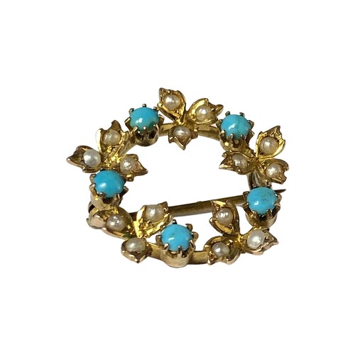 76 - Victorian 9ct yellow gold wreath style brooch featuring turquoise and seed pearls weighing 2.28 gram... 