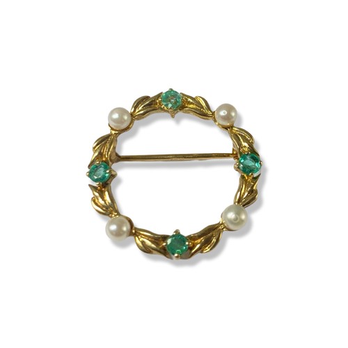 77 - Pair of circular brooches to include emerald and pearl which has a diameter of 2.5cm as well as turq... 