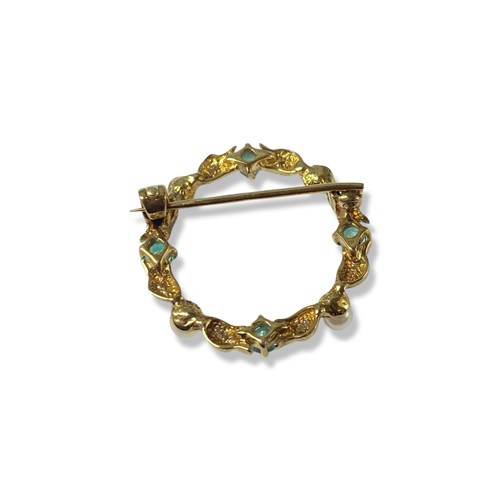 77 - Pair of circular brooches to include emerald and pearl which has a diameter of 2.5cm as well as turq... 