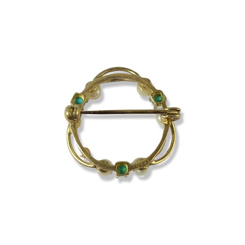 77 - Pair of circular brooches to include emerald and pearl which has a diameter of 2.5cm as well as turq... 