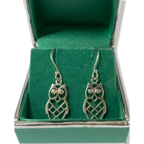 40 - Pair of silver owl drop earrings, set with CZ stones for eyes, weighing 2.37 grams, owl measures 2cm