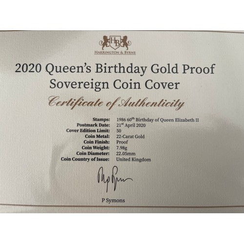 114 - Harrington & Byrne 2020 UK Gold proof full sovereign in first day cover