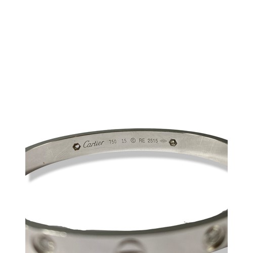 70 - Cartier 18ct white gold and diamond love bangle size 15 with original box and papers - the box has s... 