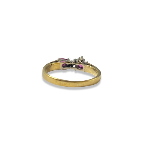 129 - 9ct yellow gold fancy design ring, comprising of five round cut diamonds and two pear shaped rubies ... 