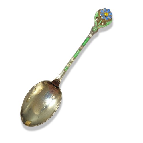 138 - set of 6 hallmarked Birmingham 1928 silver and enamel floral design spoons, weighing 46.76 grams in ... 