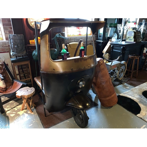 110 - PACKAGED METAL TUK TUK INDONESIAN HOME BAR WITH GLASS RACKS AND SHELVES