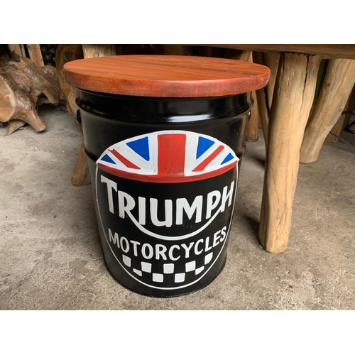 119 - HANDPAINTED BLACK TRIUMPH STOOL,STORAGE BIN WITH WOODEN LID