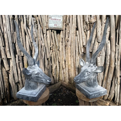 16 - PAIR OF CAST IRON ANTLER HEAD GATE POST TOPS IN A LEAD FINISH