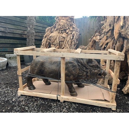 70 - CRATED LARGE WILD BOAR GARDEN STATUE IN BRONZE FINISH