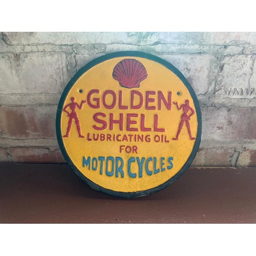 136 - CAST IRON GOLDEN SHELL LUBRICATING OILS SIGN