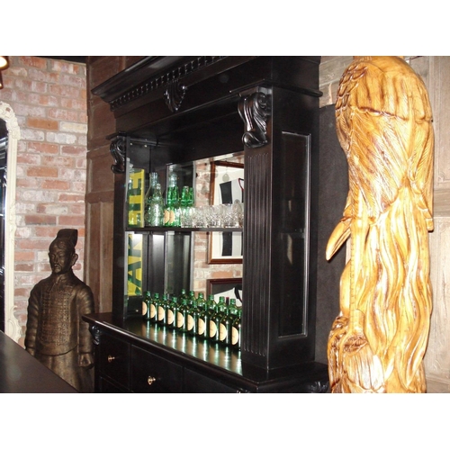 100 - NEW PACKAGED 1.5M BLACK HOME BAR AND BACK BAR FULLY FITTED C/W MIRROR, SHELVES, WINE RACK, DRAWERS