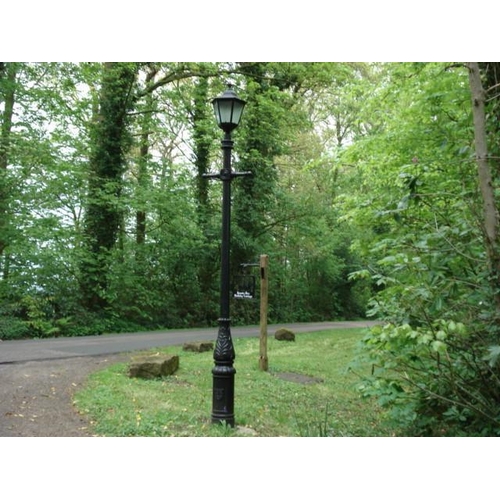 12 - 12FT TALL ORNATE BLACK CAST IRON LAMPOST WITH LADDER BAR AND GLAZED CAST MATCHING TOP