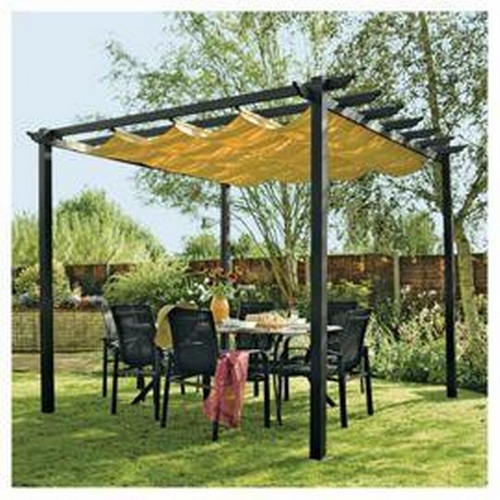 79 - BOXED NEW LATINA 3M X 3M BROWN PERGOLA GAZEBO C/W RETRACTING CANOPY ROOF, FREESTANDING, BOLT DOWN FR... 