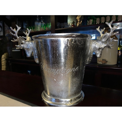 92 - BOXED NEW ANTIQUED RUSTIC NICKEL HEAVY CHAMPAGNE BUCKET WITH STAG HEAD HANDLES