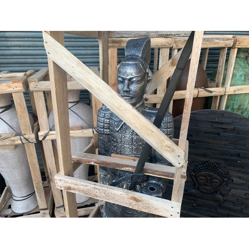 20 - CRATED HEAVY 5 FOOT TALL TERRACOTTA WARRIOR IN ANTIQUE SILVER