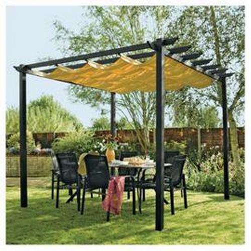 19 - BOXED NEW LATINA 3M X 3M BROWN PERGOLA GAZEBO C/W RETRACTING CANOPY ROOF, FREESTANDING, BOLT DOWN FR... 
