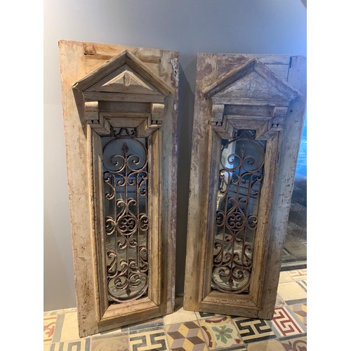 40 - PAIR EGYPTIAN HUGE ANTIQUE 150CM PEDIMENTS WITH INSET MIRROR BEHIND RUSTIC ORNATE IRON