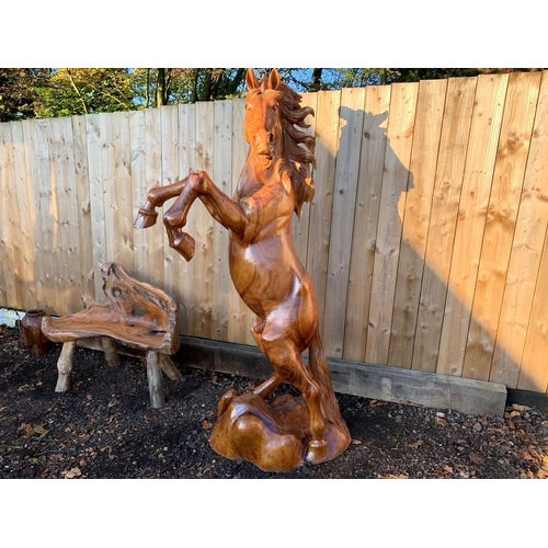 102 - HUGE WOODEN SCULPTURE OF A REARING MUSTANG STANDING 2M TALL